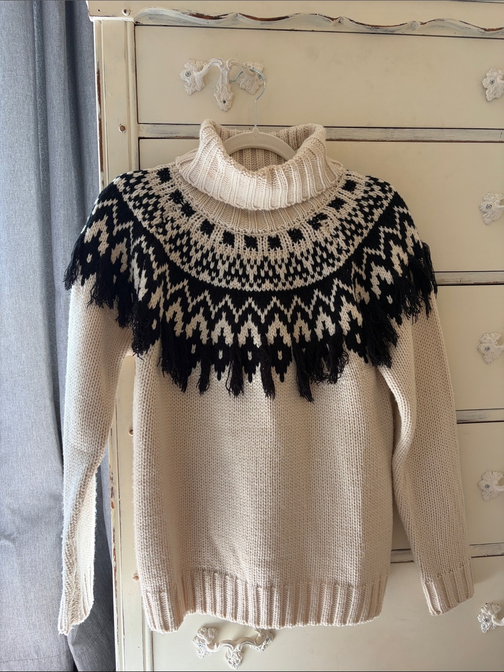 Lovestitch Cream and Black Fringe Turtleneck Sweater